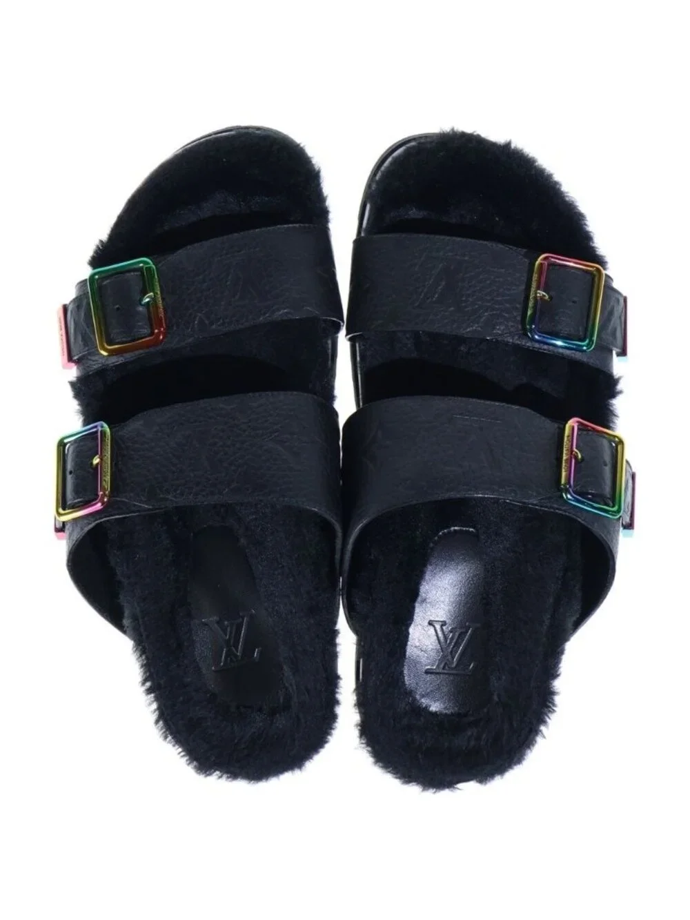 Louis Vuitton Monogram Mirabeau Line Empreinte Leather Sandals Shoes Fur Black